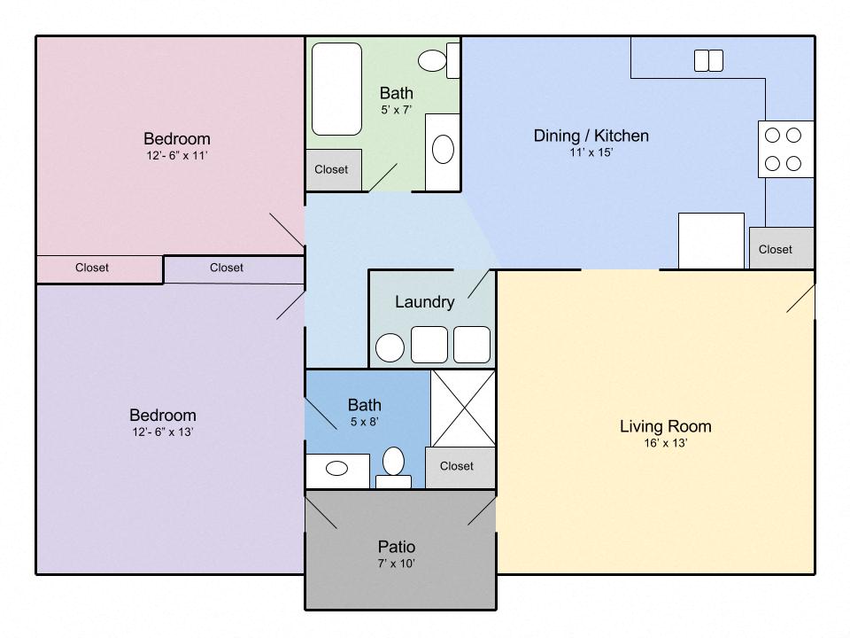Floor plan for 2 beds, 2 baths, 1100 sqft
